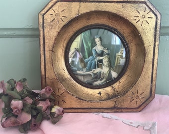 French Vintage Gold Painted Wood and Glass Framed Print, Renaissance Image, Boudoir Art