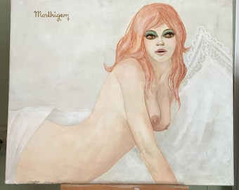 Dipinto originale francese d&#39;epoca raffigurante un nudo artistico a olio su tela, firmato dall&#39;artista Morlhigem, Mid Century Art.