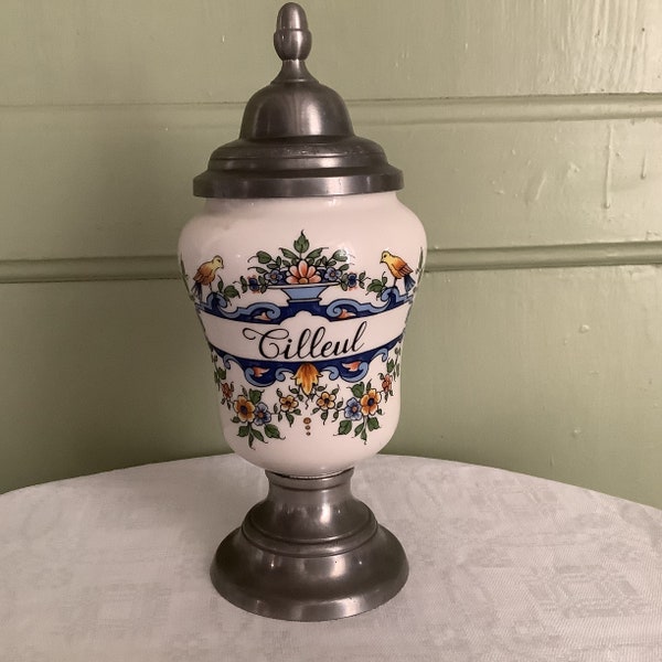 French Vintage Apothecary Pot for Tilleul, Desvres Porcelain and Pewter, Etain Du Dauphin