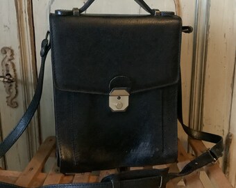 French Vintage Men’s LANCASTER  Bag, Black Leather Shoulder Bag, Vintage Messenger Bag, Gift for Men