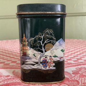 Vintage Small Tea Caddy, Asian Image, English Tea Caddy, Retro Tea Tin