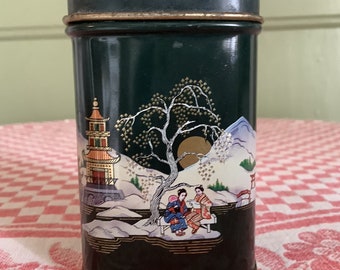 Vintage English Tea Caddy: Small Asian Image Tea Tin