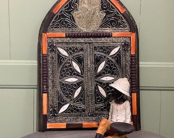 Vintage Moroccan Berber Mirror: Handmade Camel Bone & Brass Inlay