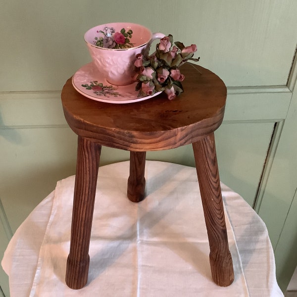 Vintage french handmade wooden round three legged stool, farmhouse display