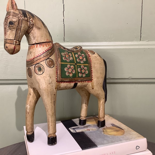 Vintage Hand Made  Wooden Indian Ghodi Wedding Horse, ,1930’s, Hand Painted Bohemian Horse. Made in India