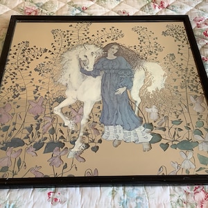 French Vintage Screen Print Large Mirror, 1980s Retro Mirror, French Wall Art, Vintage Shop Decor, Unicorn Art Work