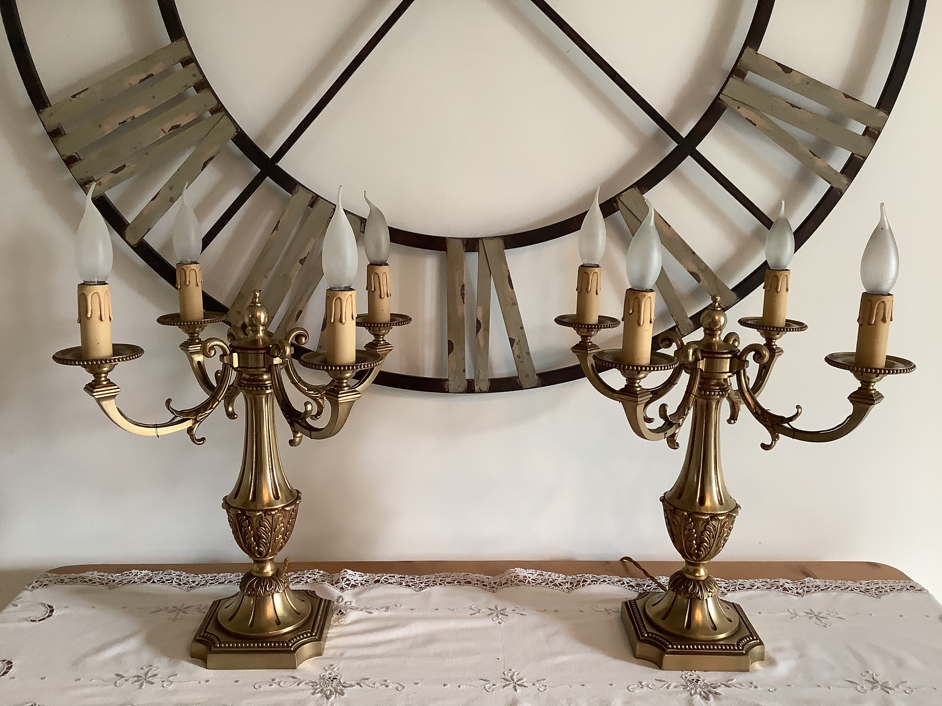 Paire de Lampes Table Vintage Français Bronze Four Armed. Éclairage, Décor