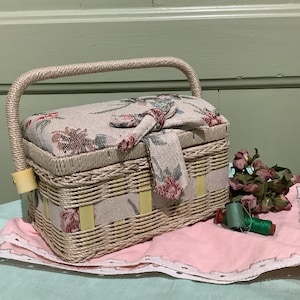 Caja de costura francesa vintage, diseño de tapiz, cesta de costura retro, caja de manualidades, costura