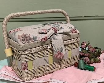 Vintage French Tapestry Sewing Box: Retro Craft Basket