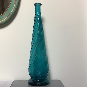 Mid Century Empoli Italy Genie Bottle/ Turquoise Blue/ Fluted Design/ XL