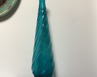 Mid Century Empoli Italy Genie Bottle/ Turquoise Blue/ Fluted Design/ XL