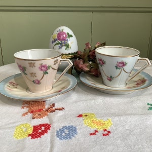 French Limoges Demi Tasse Cup & Saucer Set: Art Deco Floral Porcelain