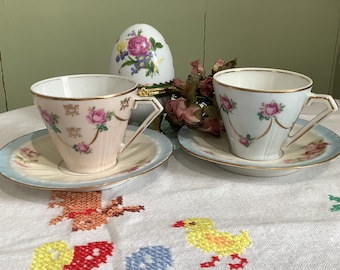 French Limoges Demi Tasse Cup & Saucer Set: Art Deco Floral Porcelain