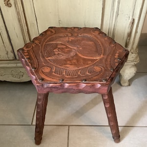 Spanish Unique BRUTALIST Wooden Tripod Stool With Leather Tooled Seat,  Carved Solid wood Stool, Antique Spanish furniture
