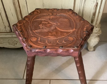 Spanish Unique BRUTALIST Wooden Tripod Stool With Leather Tooled Seat,  Carved Solid wood Stool, Antique Spanish furniture