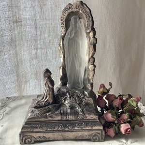 Vintage Lourdes Apparition Statue: Metal Grotto, Glass Virgin Mary