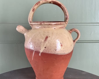Vintage French Gargoulette Half Glazed Earthenware Water/ Wine Jug, Ochre Galzed, Terracotta
