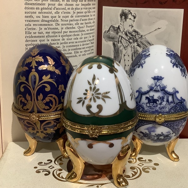 Französische Eierschachtel aus Porzellan, Sammel-Ei-Schmuckkästchen, Geschenkbox mit Scharnier, französisches Dekor