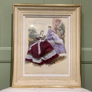 Lithographie ancienne de La Mode Illustrée habillée de véritable tissu encadrée, France