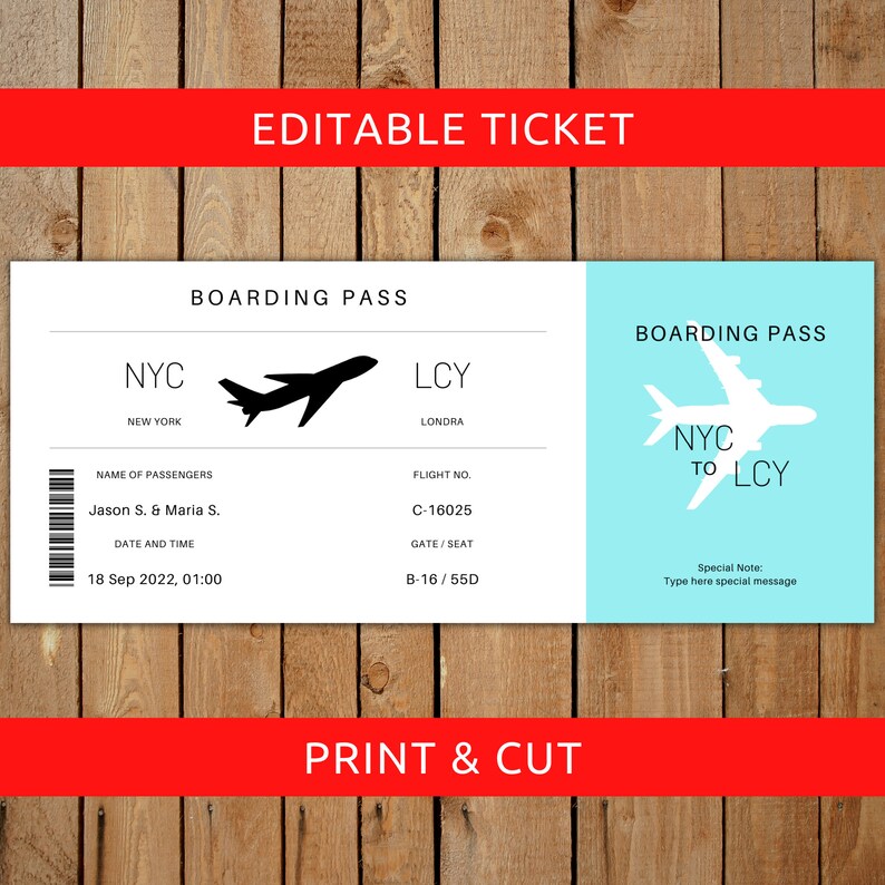 Boarding Ticket Canva Template Personalized Plane Ticket Etsy