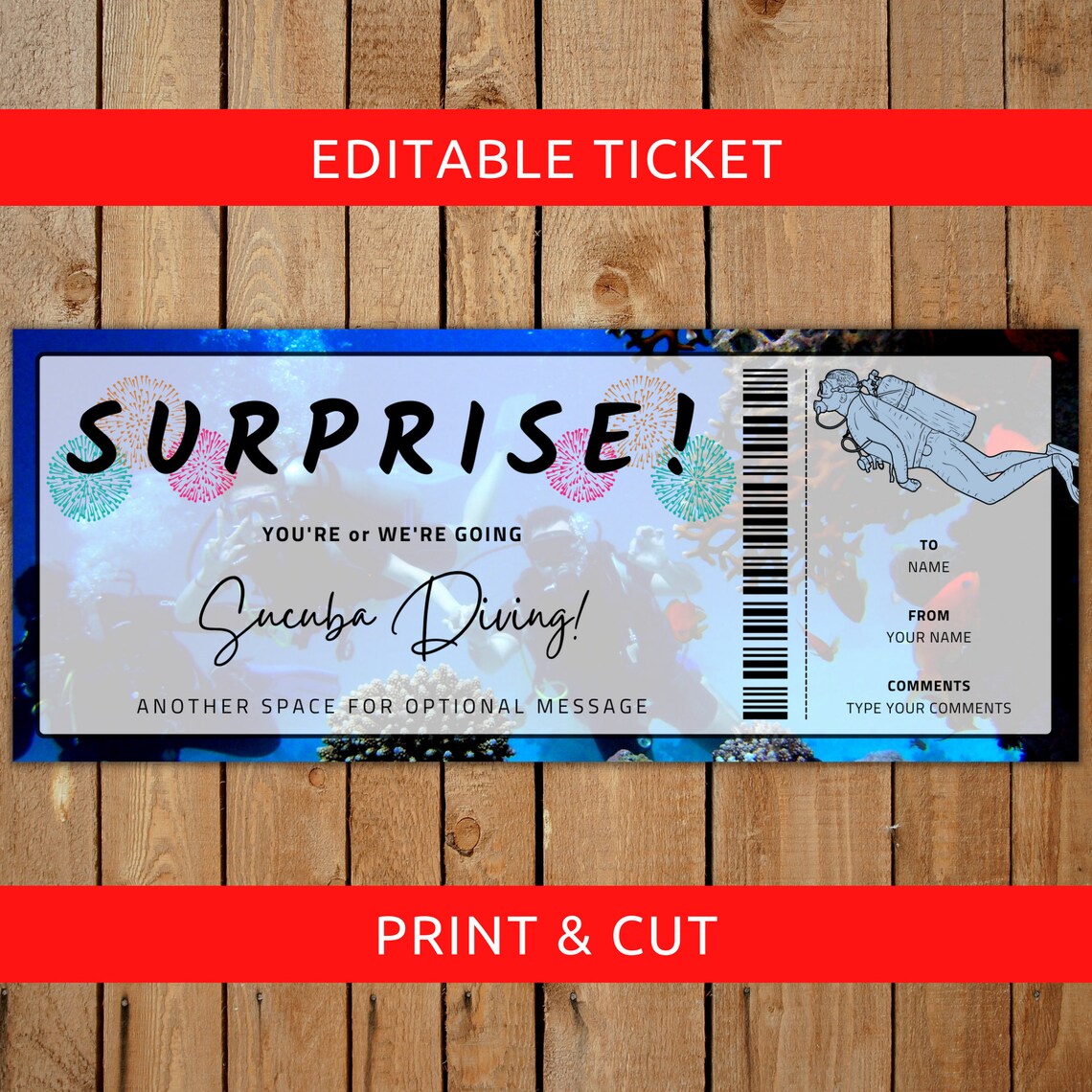 Scuba Diving Ticket Template Gift Certificate Voucher Card Etsy