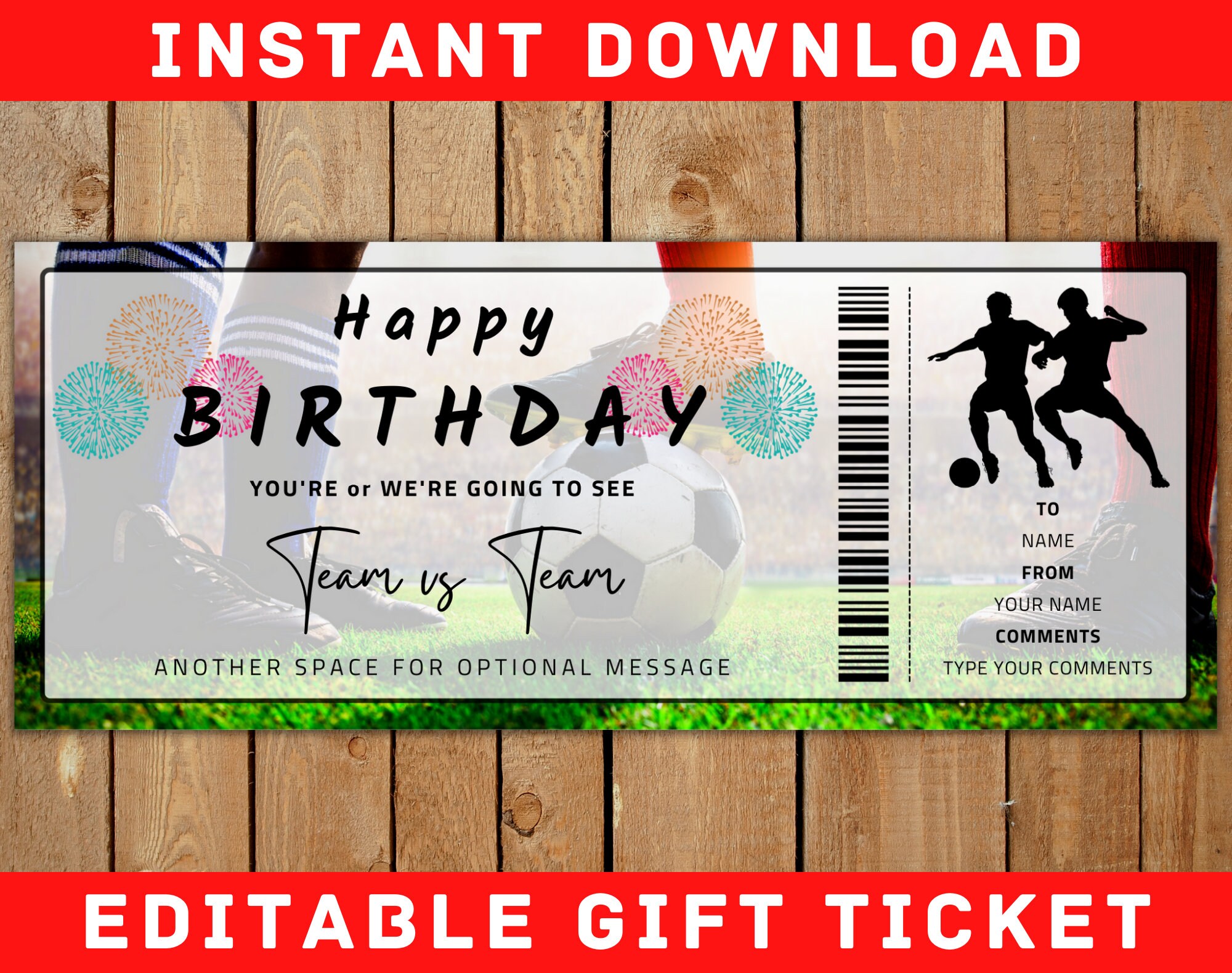 Soccer Ticket Template Birthday Gift, Surprise Game Ticket, Football Printable Editable Gift Idea Voucher Card Coupon Ticket Certificate