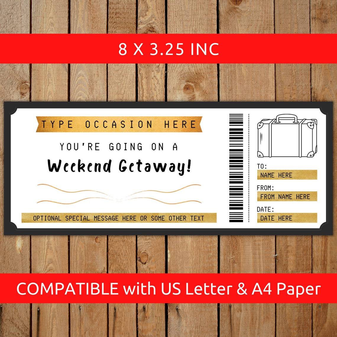 Weekend Away Gift Voucher Certificate Ticket Card Template Etsy