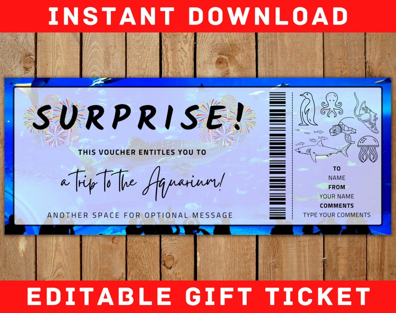 Aquarium Gift Voucher Ticket Printable Surprise Template - Etsy