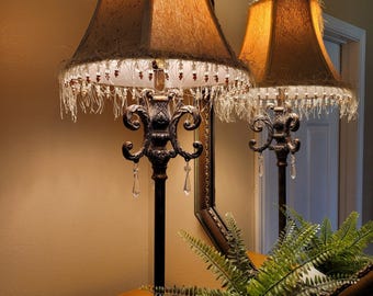 Vintage Antique Bronze Lamp with Beaded Fringed Shade