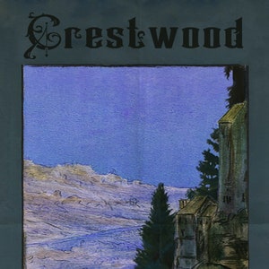 May include: A vintage illustration of a town with a blue sky and a mountain range in the background. The town is made up of buildings with green roofs and a tall tower. The illustration is titled "Crestwood".