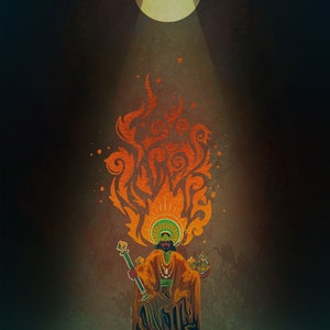 Op de afbeelding: Een man met een kroon en een gewaad zit op een troon met een scepter in de ene hand en een kroon in de andere. Hij is omringd door een vurig oranje en geel ontwerp.