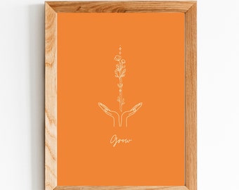 Grow, Orange Printable Art, Digital Download, Minimal, Boho Decor, Magic, Wicca