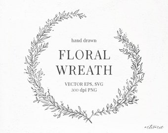 Hand Drawn Wreath Illustration | Botanical Line Clipart | Floral Line Clipart | Wreath Clip Art | Hand drawn Botanical Frame | SVG, EPS, PNG