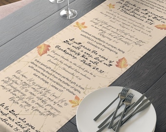 Autumn Thanksgiving Scripture Verse Table Runner | Customizable Rustic design Table Runner Light orange cotton or polyester