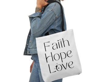 Christian tote bag White Canvas tote bag Faith Hope Love tote Polyester Canvas Tote Bag (AOP) with Faith based message  positive vibes gift