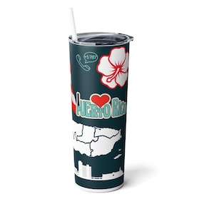 Puerto Rico Sticker Theme Skinny Steel Tumbler with Straw, 20oz Island pride tumbler with Puerto Rican flag and other Island symbols