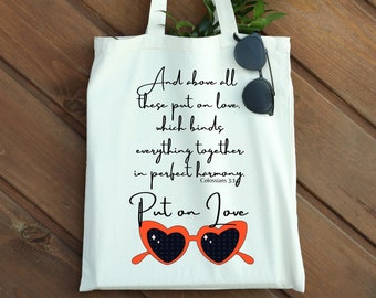 Put on Love Glasses, heart-shaped sunglasses design with Colossians 3:14 on Canvas Tote Bag, Christian gifts, Bible carrier