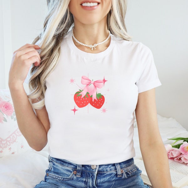 Weiß oder Rosa Frauen Lieblings-T-Shirt Kokette ästhetische Shirt feminine tshirt mit Erdbeeren und rosa Bogen girlie-Shirt