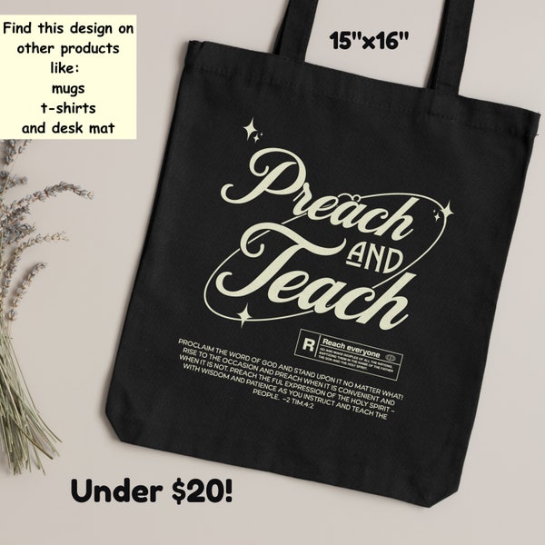 Preacher canvas tote Preach and Teach Bible verse black canvas bag 2 Timothy 4:2 Christian merch and things conference gift idea