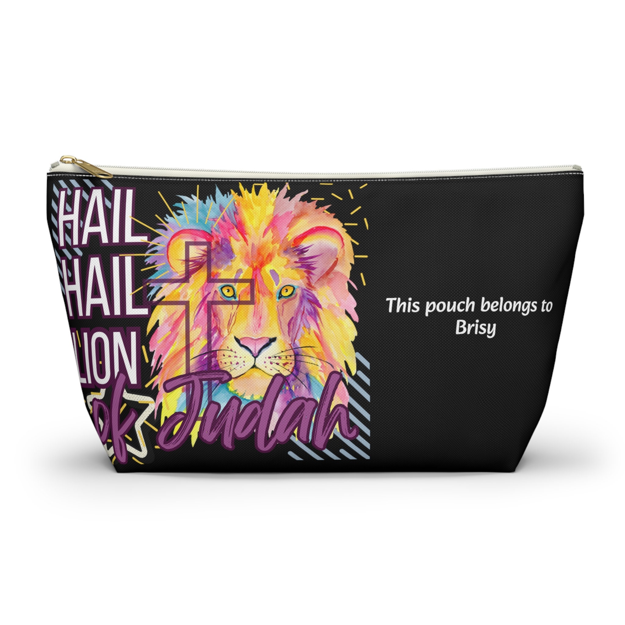 Christian Pencil Pouch Personalized Christian Accessory Pouch w T-bottom  Lion of Judah art school accessory bag Faith based pencil pouch