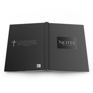 May include: A black notebook with a white cross and a quote from Galatians 6:14. The cover also has the word "NOTES" in white text with the words "BY YOUR NAME" below it.