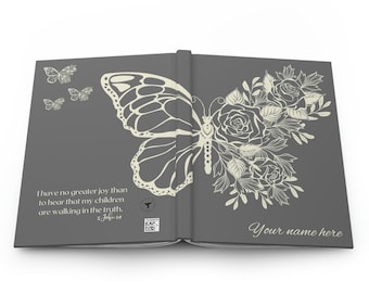 Personalized Journal Hardcover Journal Matte finish Butterfly art with flowers on gray cover add your own quote