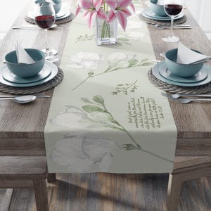 Elegant Floral Table Runner with Christian Quote, Dining Decor, Rustic Homeware, Bridal Shower Gift, Spring Table Setting, faith gift