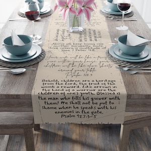 Family Scripture Table Runner, Customizable Bible Verse Cotton twill or Poly Runner Handwritten Font Tan Colored Gift Home Decor, Religious