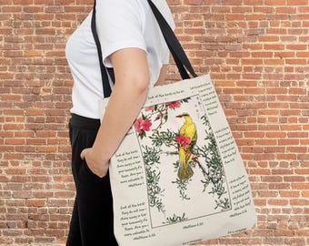 Christian Tote with Yellow Bird on Tote Bag (AOP) vintage chinese art with Bible verse Matthew 6:26 on cream color bag comes in 3 sizes
