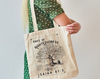 Graceful Promises - Isaiah 61:3 Inspired Vintage Oak Tree Art Tote Bag - Christian Faith Gift Bible inspired art on Canvas bag