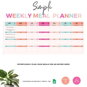 May include: A printable weekly meal planner with a pink, peach, and blue colour scheme. The planner is divided into seven days of the week, with space for breakfast, lunch, dinner, and snacks. The text "Effortlessly plan your meals for an entire week" is at the bottom of the planner.