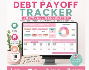May include: A computer monitor displays a debt payoff tracker with the text "DEBT PAYOFF TRACKER" in pink and teal. The screen shows a debt snowball calculator, debt overview, and debt snowball summary. Additional text includes "PAY OFF DEBT FASTER" and "STAY MOTIVATED".
