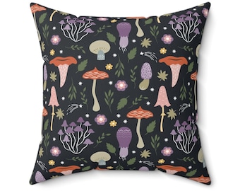 Black Cottagecore Vegan Seude Pillow,  Mushroom-Theme Decor Pillow, Forest Fairycore Cushion, Vintage Mushroom Gift For Cottagecore Lover