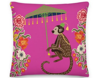 Outdoor Pillows- UV & Waterproof Pillow, Colorful Chinoiserie Monkey and Umbrella Cushion, Accent Vibrant Pink, Garden, Patio or Deck Décor.